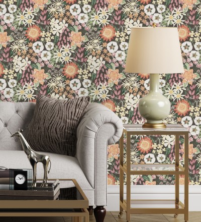 Papel pintado jardín de flores fondo marrón oscuro estilo botánico Masie Garden 682059