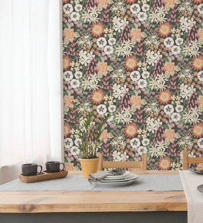Papel pintado jardín de flores fondo marrón oscuro estilo botánico Masie Garden 682059