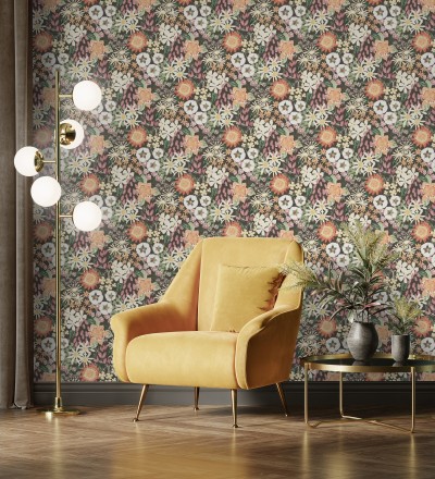 Papel pintado jardín de flores fondo marrón oscuro estilo botánico Masie Garden 682059