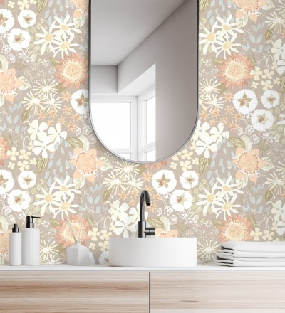 Papel pintado jardín de flores fondo gris calido estilo botánico Masie Garden 682060
