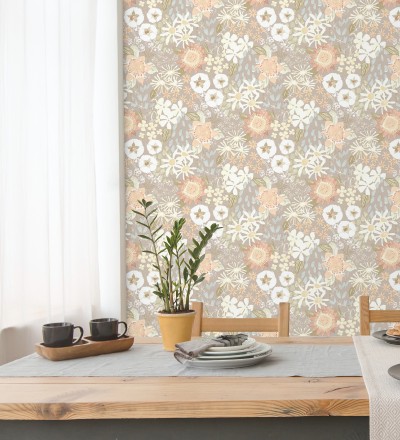 Papel pintado jardín de flores fondo gris calido estilo botánico Masie Garden 682060