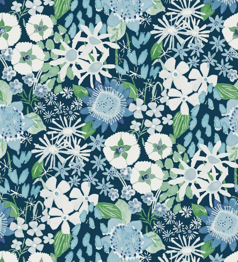 Papel pintado jardín de flores fondo azul estilo botánico Masie Garden 682061