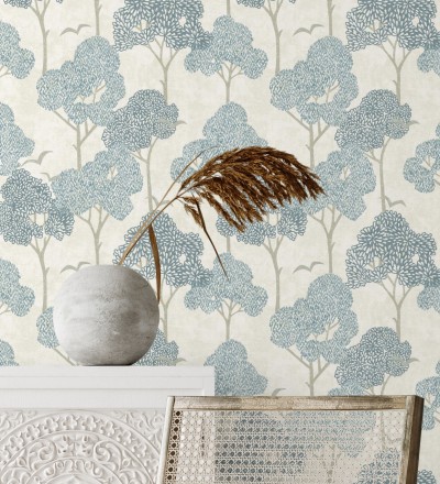Papel pintado de árboles azules y pájaros con efecto texturizado Central Park 682077