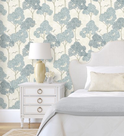 Papel pintado de árboles azules y pájaros con efecto texturizado Central Park 682077