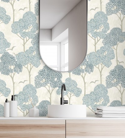 Papel pintado de árboles azules y pájaros con efecto texturizado Central Park 682077