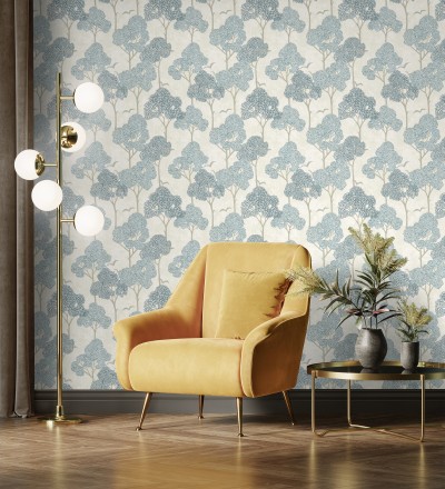Papel pintado de árboles azules y pájaros con efecto texturizado Central Park 682077