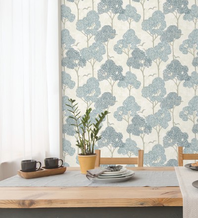 Papel pintado de árboles azules y pájaros con efecto texturizado Central Park 682077