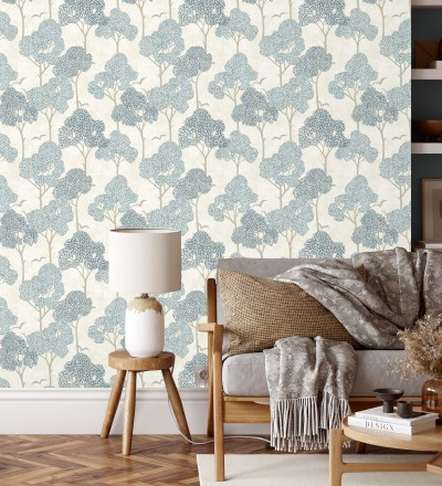 Papel pintado de árboles azules y pájaros con efecto texturizado Central Park 682077