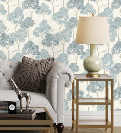 Papel pintado de árboles azules y pájaros con efecto texturizado Central Park 682077