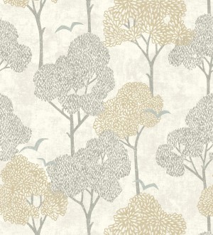 Papel pintado de árboles beige y pájaros con efecto texturizado Central Park 682080
