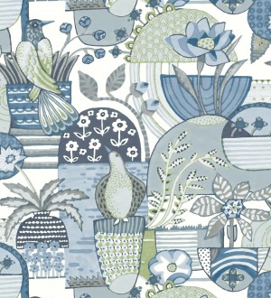 Papel pintado maceta de plantas y flores con pájaros azul diseño patchwork Dafne 682092