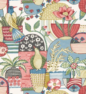 Papel pintado maceta de plantas y flores con pájaros multicolor diseño patchwork Dafne 682094