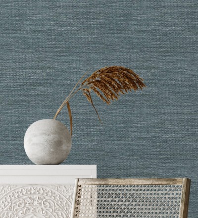 Papel pintado efecto rafia tejida con fibras de sisal en color azul plomo Studs Texture 682096