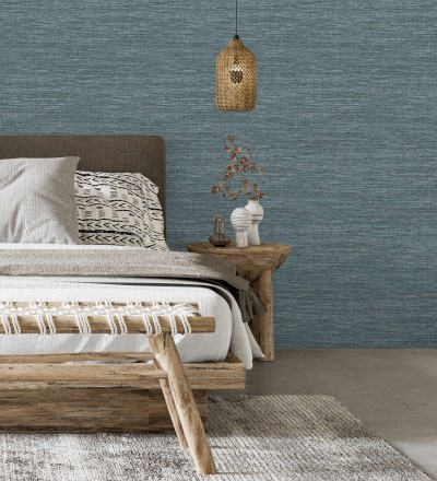 Papel pintado efecto rafia tejida con fibras de sisal en color azul plomo Studs Texture 682096