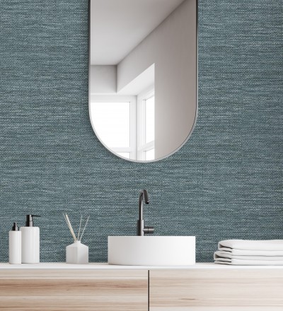 Papel pintado efecto rafia tejida con fibras de sisal en color azul plomo Studs Texture 682096