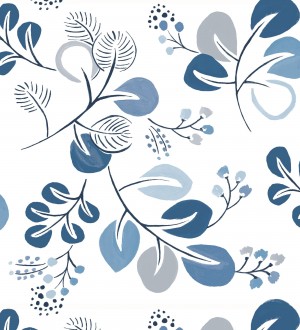 Papel pintado hojas estilo nórdico tonos azules Blossom Hall 682103