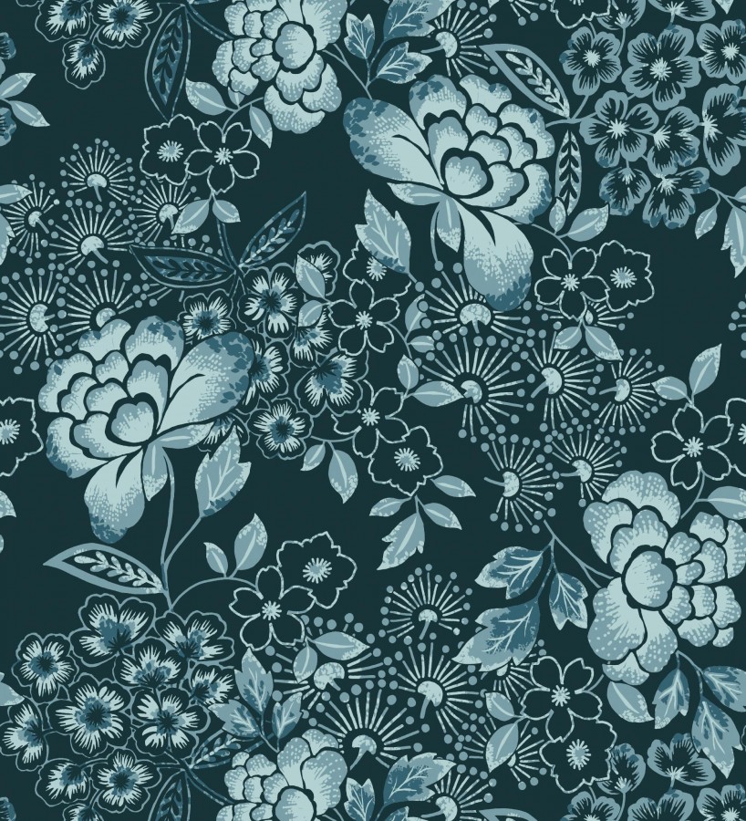 Papel pintado de flores estilo japonés azul oscuro Amaral 682106