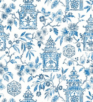 Papel pintado oriental de casas japonesas y flores azules Saori Garden 682116