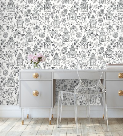 Papel pintado oriental de casas japonesas y flores negras Saori Garden 682117