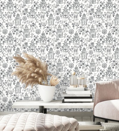 Papel pintado oriental de casas japonesas y flores negras Saori Garden 682117