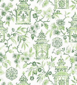 Papel pintado oriental de casas japonesas y flores verdes Saori Garden 682118