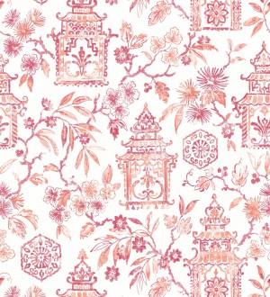 Papel pintado oriental de casas japonesas y flores color coral Saori Garden 682119