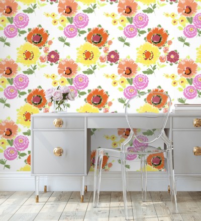 Papel pintado de flores grandes colores intensos en naranja y amarillo Micaela Spring 682129