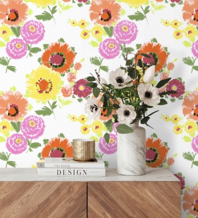 Papel pintado de flores grandes colores intensos en naranja y amarillo Micaela Spring 682129