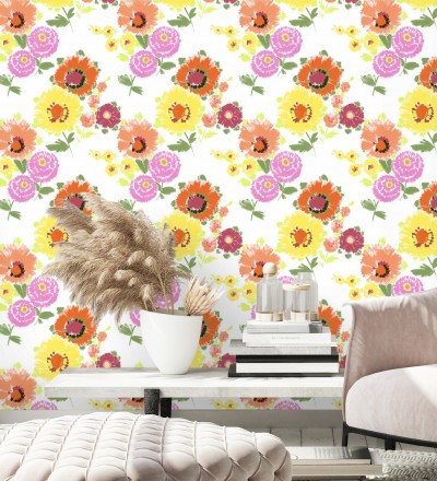 Papel pintado de flores grandes colores intensos en naranja y amarillo Micaela Spring 682129