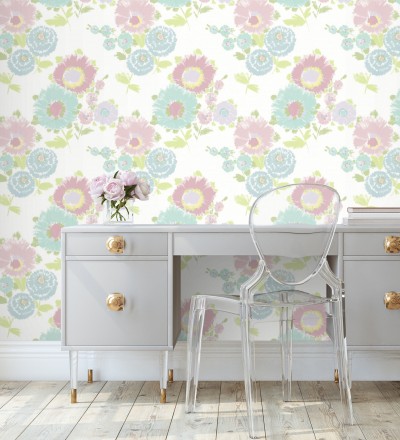 Papel pintado de flores grandes colores pasteles rosa y celeste Micaela Spring 682131