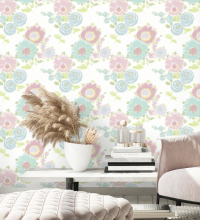 Papel pintado de flores grandes colores pasteles rosa y celeste Micaela Spring 682131