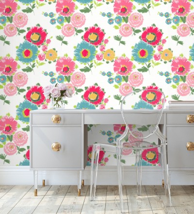Papel pintado de flores grandes colores intensos fucsia y celeste Micaela Spring 682132