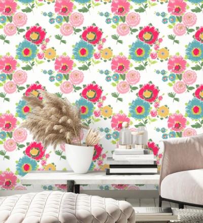 Papel pintado de flores grandes colores intensos fucsia y celeste Micaela Spring 682132