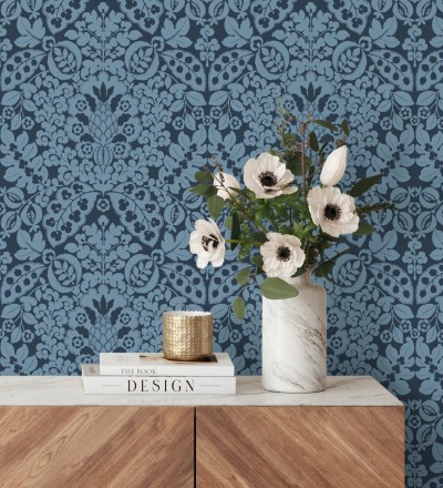 Papel pintado damasco estilo francés color intenso azul oscuro Reiko 682135