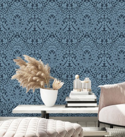 Papel pintado damasco estilo francés color intenso azul oscuro Reiko 682135