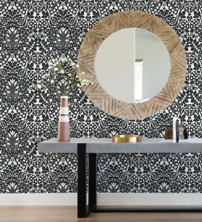 Papel pintado damasco estilo francés color intenso negro Reiko 682138