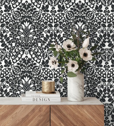 Papel pintado damasco estilo francés color intenso negro Reiko 682138