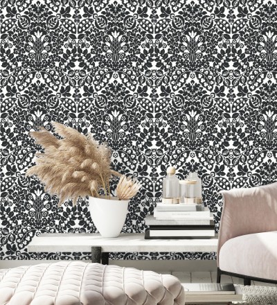 Papel pintado damasco estilo francés color intenso negro Reiko 682138