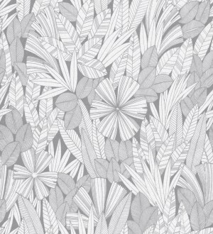 Papel pintado de flores y hojas color gris Anude Tropical 682145