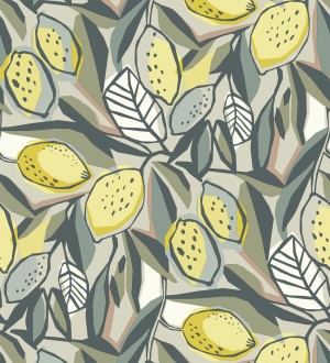 Papel pintado de limones y hojas color amarillo y verde Ginger Lemons 682300