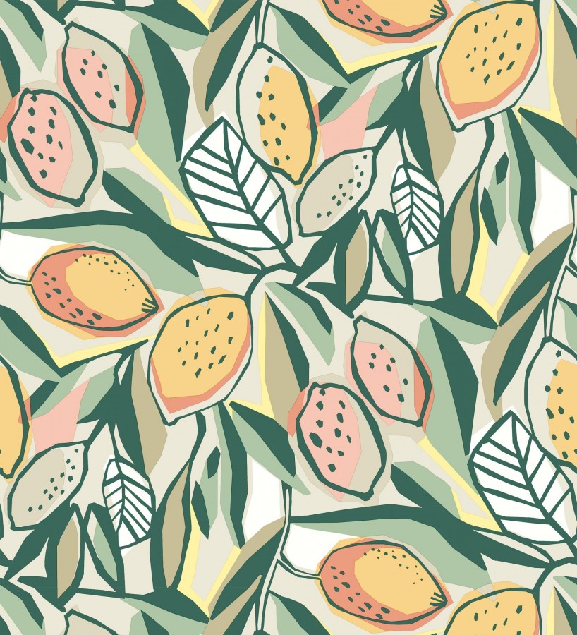 Papel pintado de limones y hojas color naranja y verde - Ginger Lemons  682301