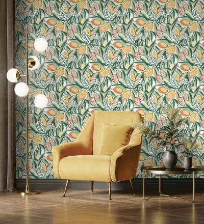 Papel pintado de limones y hojas color naranja y verde Ginger Lemons 682301