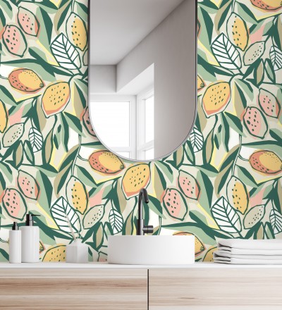 Papel pintado de limones y hojas color naranja y verde Ginger Lemons 682301
