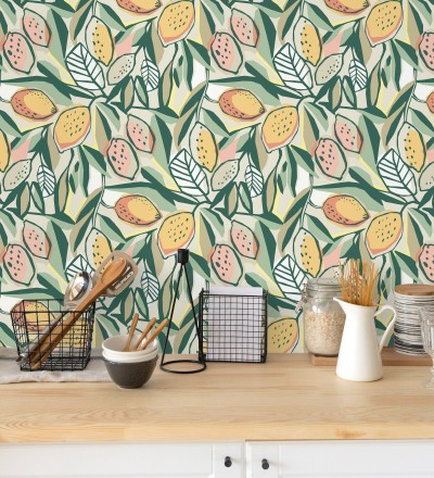 Papel pintado de limones y hojas color naranja y verde Ginger Lemons 682301