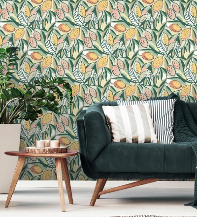 Papel pintado de limones y hojas color naranja y verde Ginger Lemons 682301