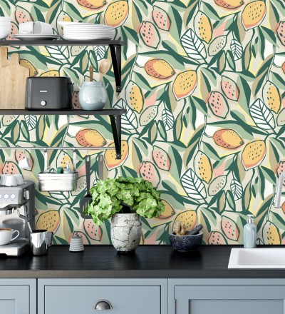 Papel pintado de limones y hojas color naranja y verde Ginger Lemons 682301