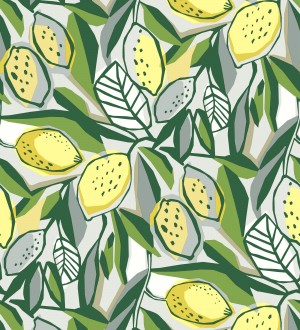 Papel pintado de limones y hojas color amarillo y verde intenso Ginger Lemons 682302