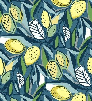 Papel pintado de limones amarillos fondo azul estilo cubista moderno Ginger Lemons 682304
