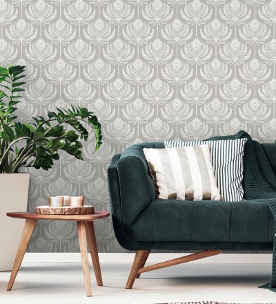 Papel pintado hojas de palma egipcia color gris cálido Malaika 682307