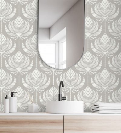 Papel pintado hojas de palma egipcia color gris cálido Malaika 682307